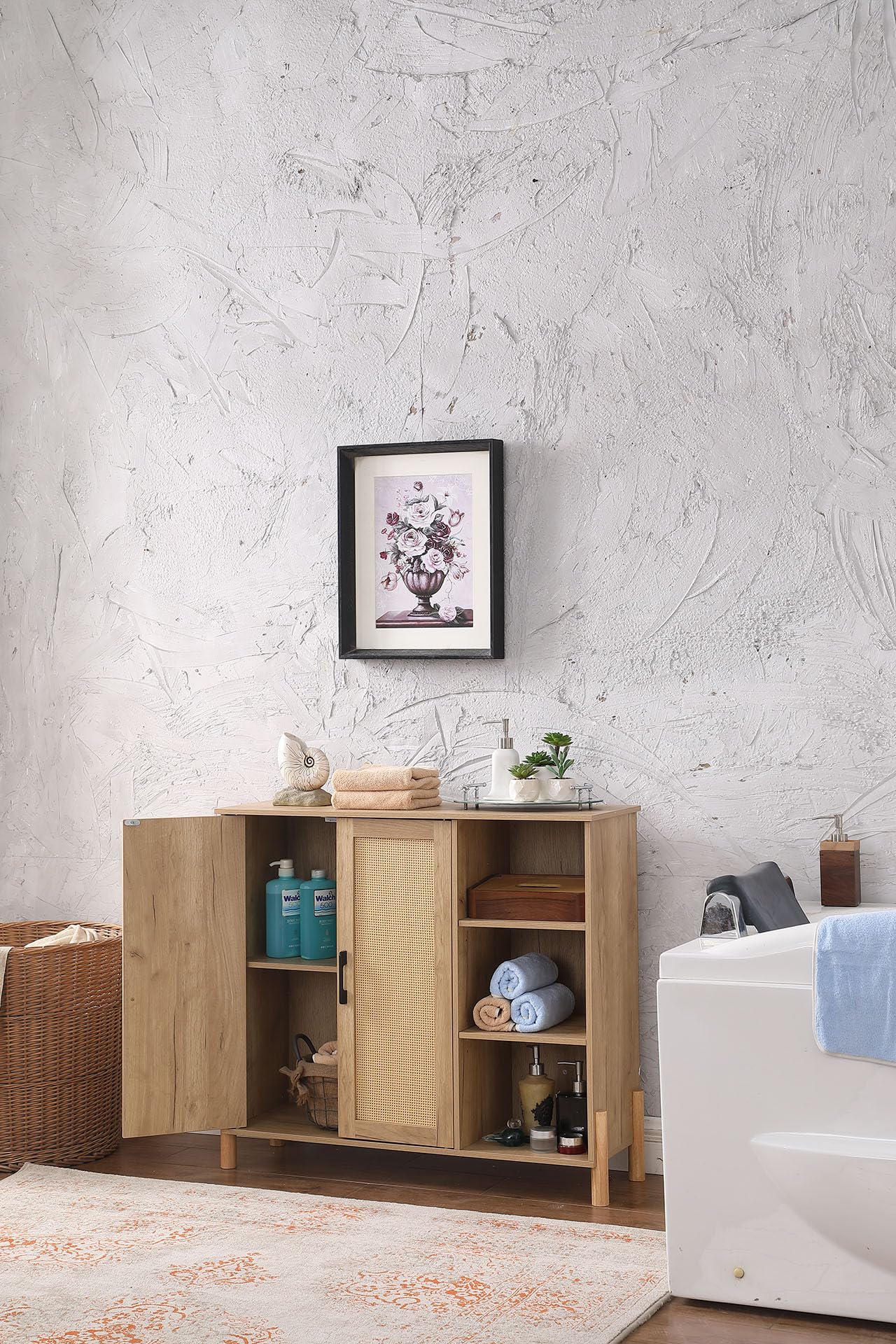 Storage Cabinet, Bathroom Cabinet with Rattan Doors, Bathroom Floor Cabinet with Open