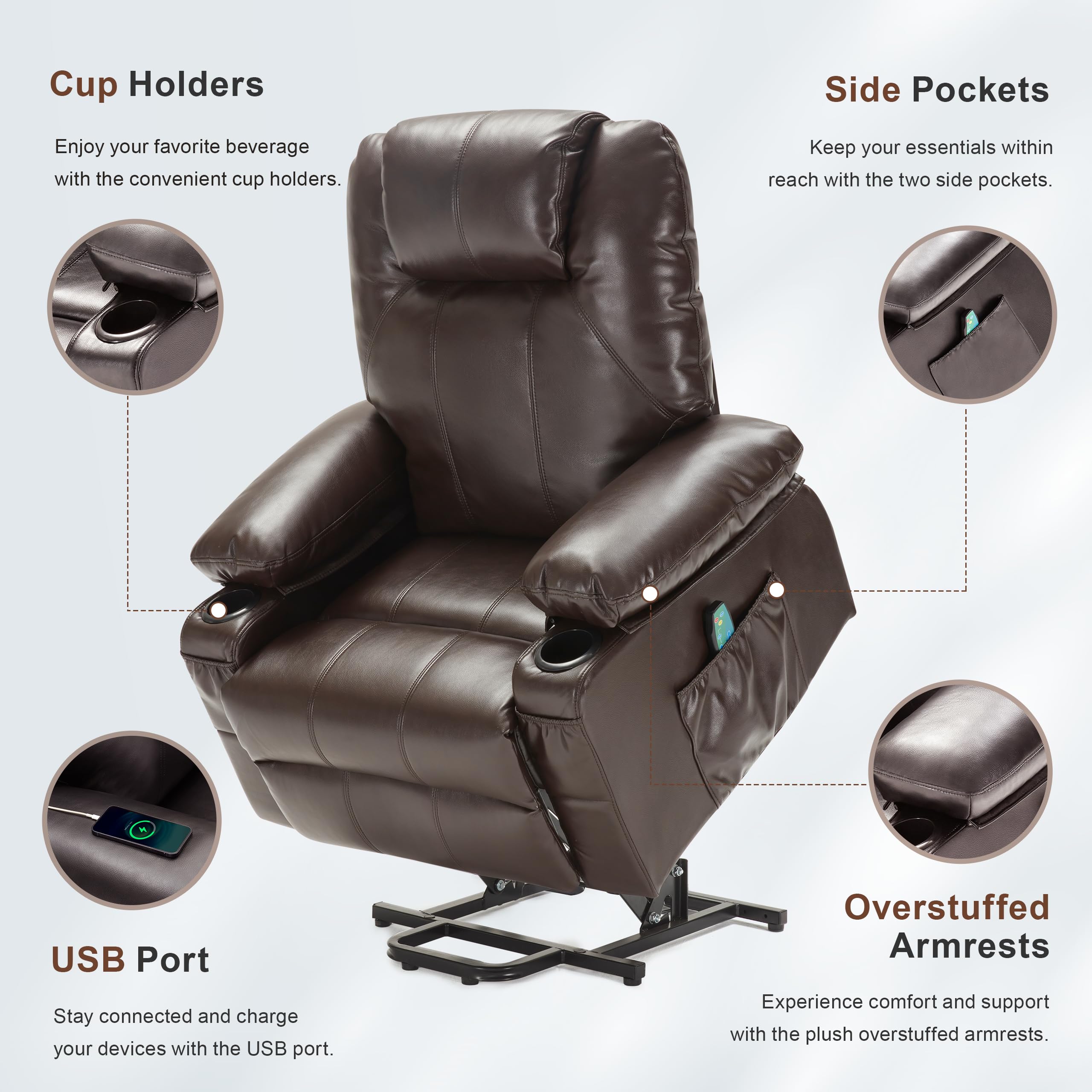 Oversized Power Lift Recliner Chair with Heat and Massage, Leather Power