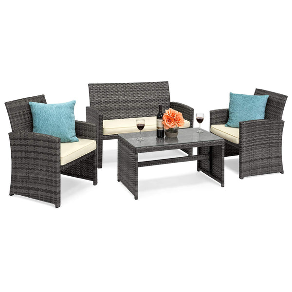 4-Piece Outdoor Wicker Patio Conversation Furniture Set for Backyard w/Coffee Table