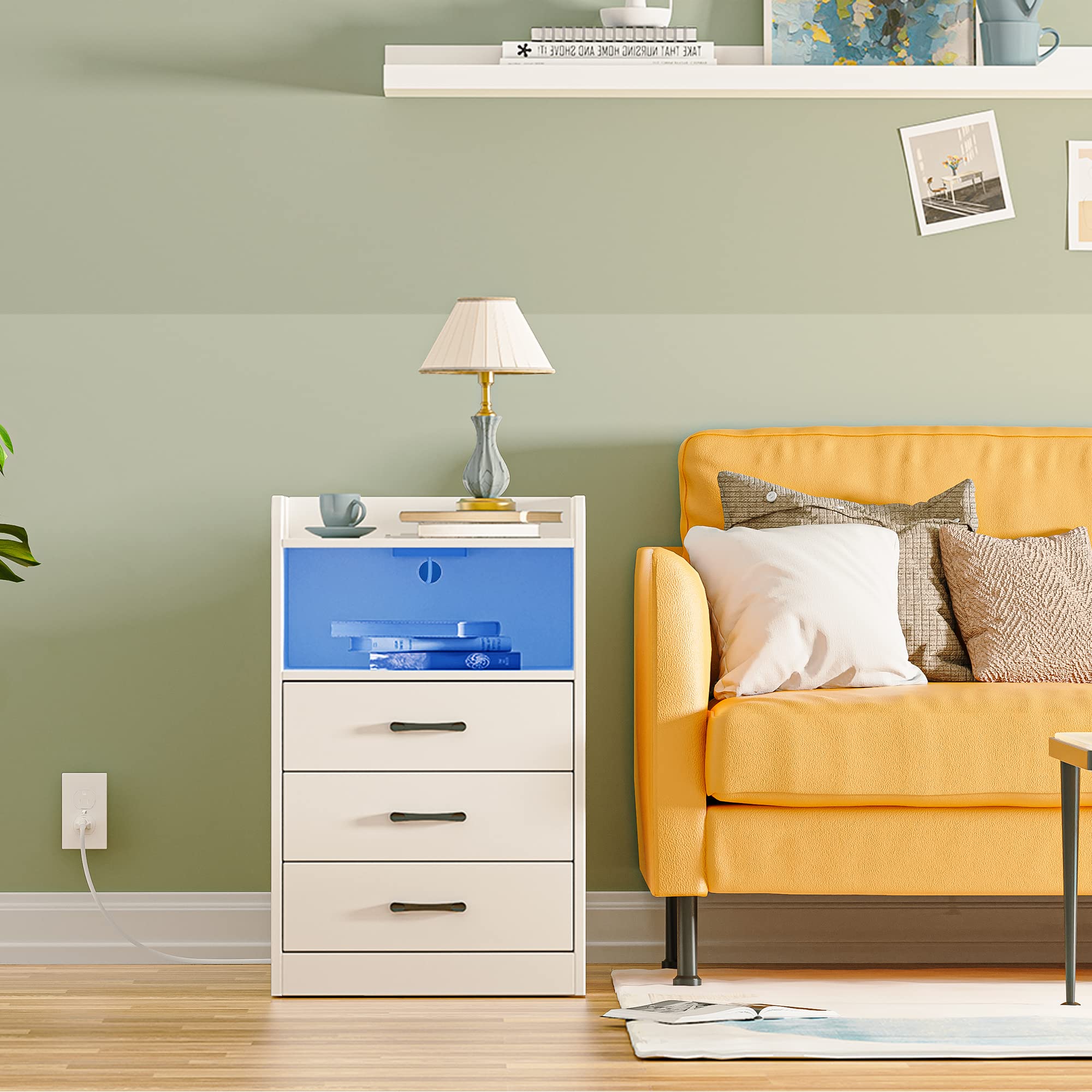 Nightstand with Charging Station and LED Light Strips, Night Stand with Drawers, End