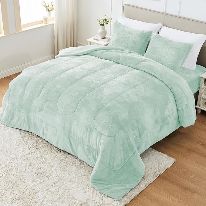 Faux Fur Comforter Set Queen Size with Fitted Sheet, Luxury Ultra Soft Fuzzy Comforter