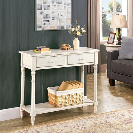 Solid Wood Console Entry Table with 2 Drawers, Accent Sofa Table with Storage Shelf