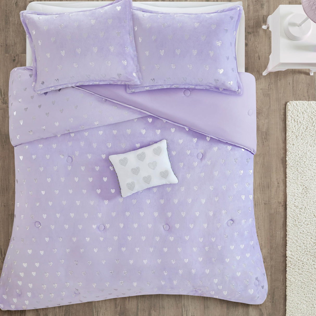 Comforter Set for, Ultra-Soft Microlight Plush Metallic Printed Hearts Brushed Reverse Overfilled Down