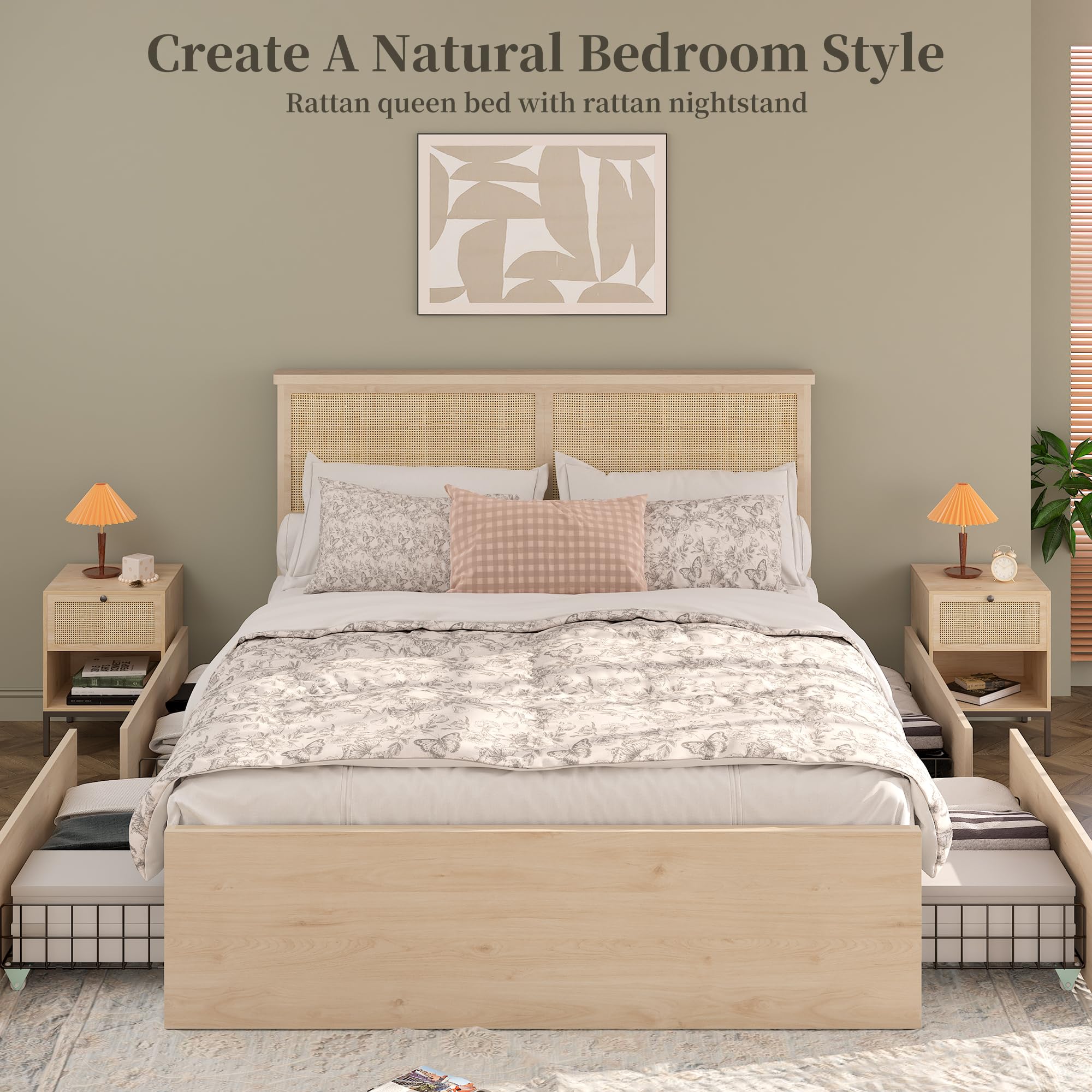 Yechen Queen Bed Frame – Natural Rattan Headboard, Metal Frame + 4 Storage Drawers