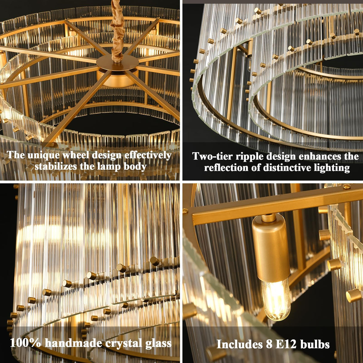 37" Modern Gold Round Chandelier,2-Tier 8-Light Water Ripple Crystal Glass Chandelier