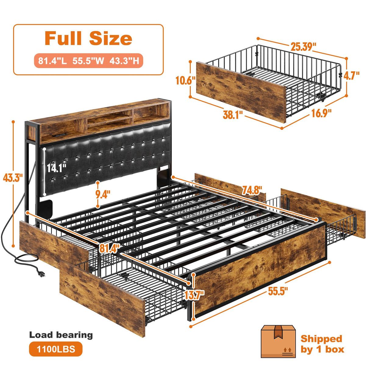 Full Bed Frame with Storage Drawers & Charging Station