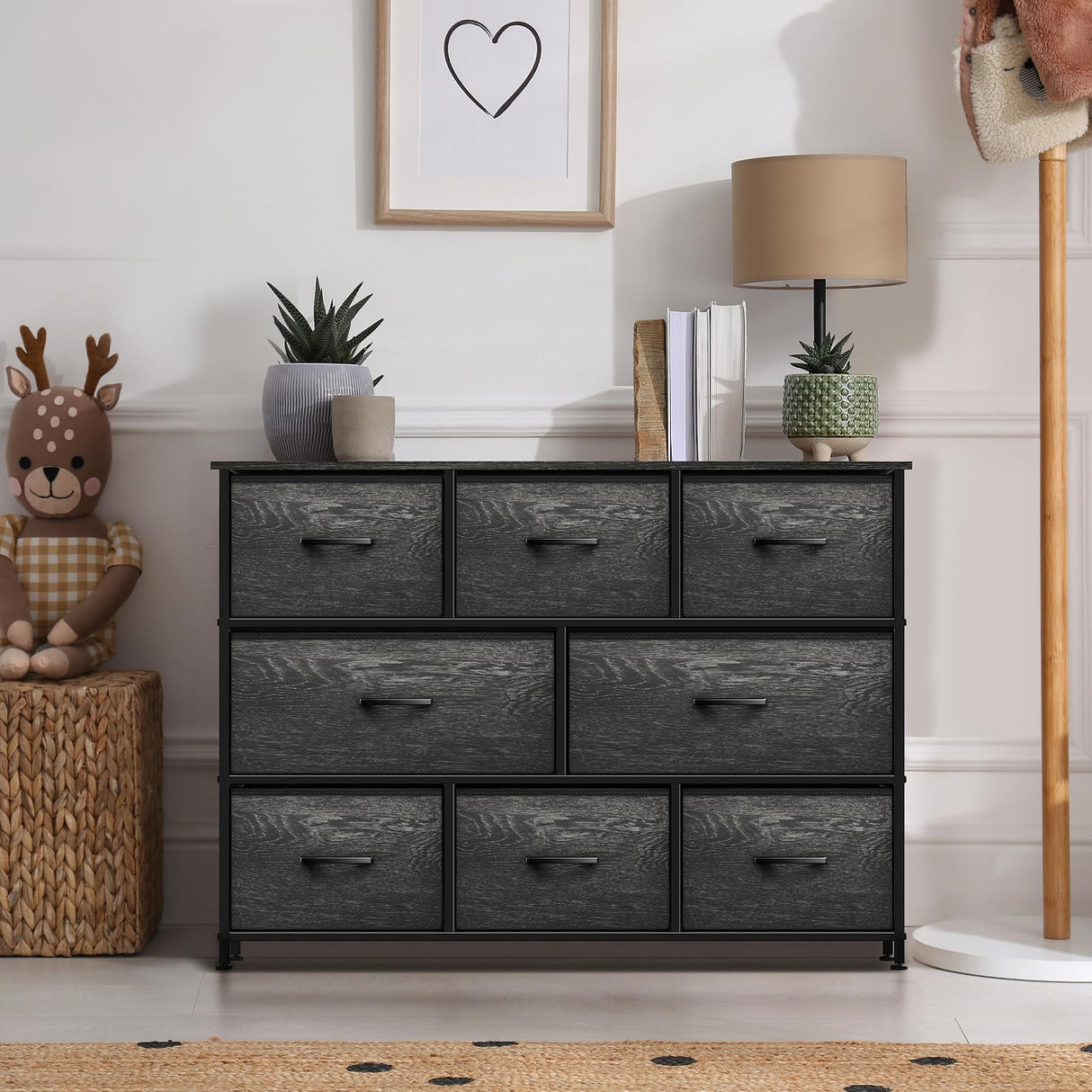 Dresser with 8 Faux Wood Drawers - Chest Organizer Unit with Steel Frame Wood Top & Handle Easy Pull Fabric