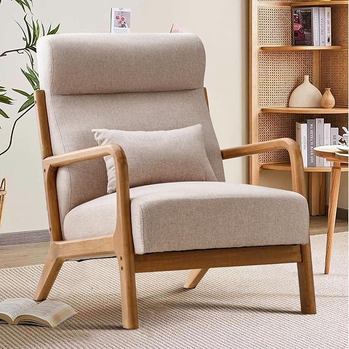Mid Century Modern Accent Chair with Wood Frame, Upholstered Living Room Chairs