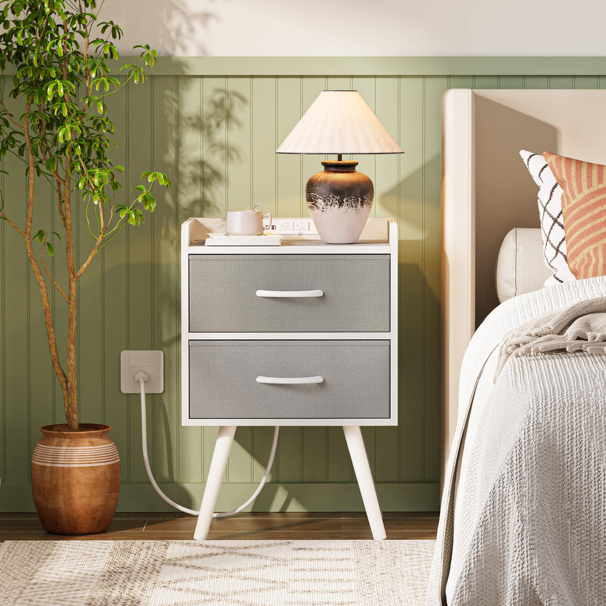 Night Stand with Charger Station, Nightstand with Drawers, Bedside Table