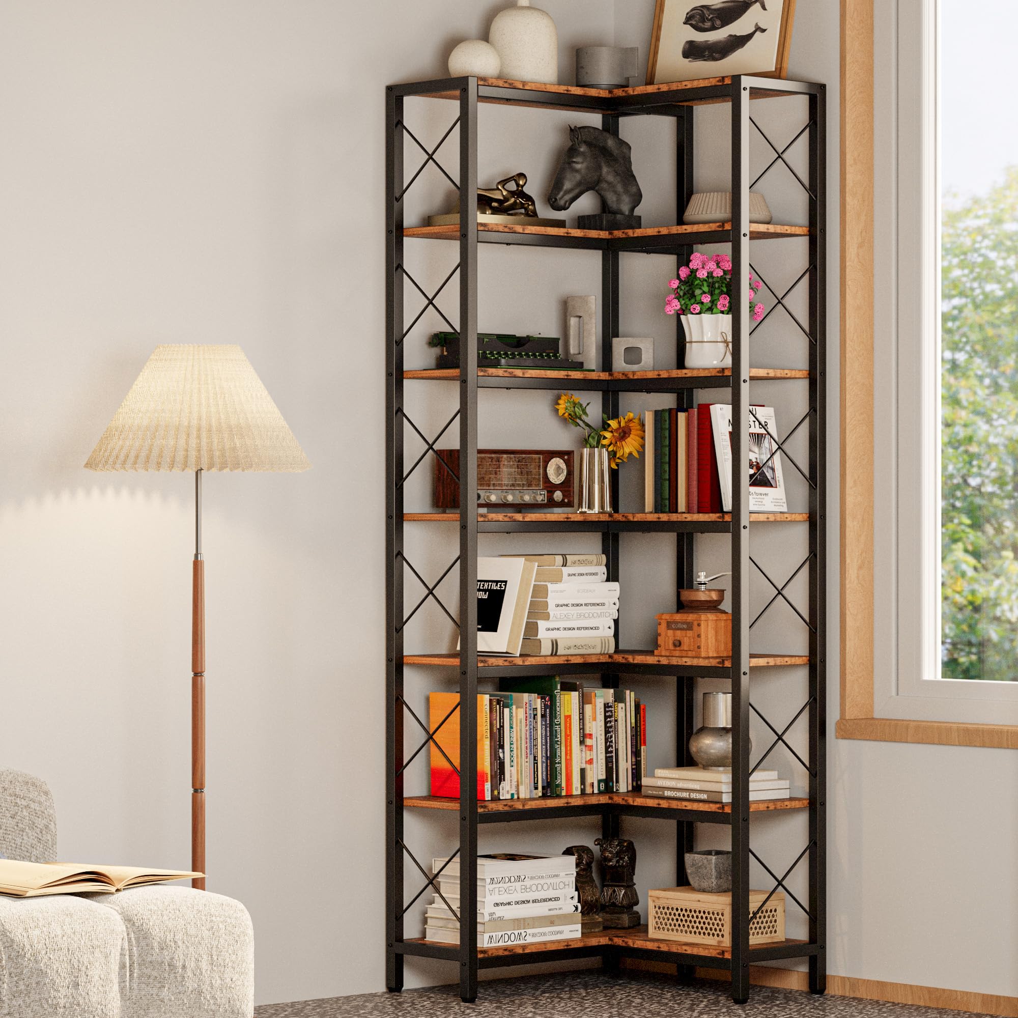 Corner Bookshelf, 7-Tier Industrial Corner Bookcase, Tall Corner Shelf Storage Display