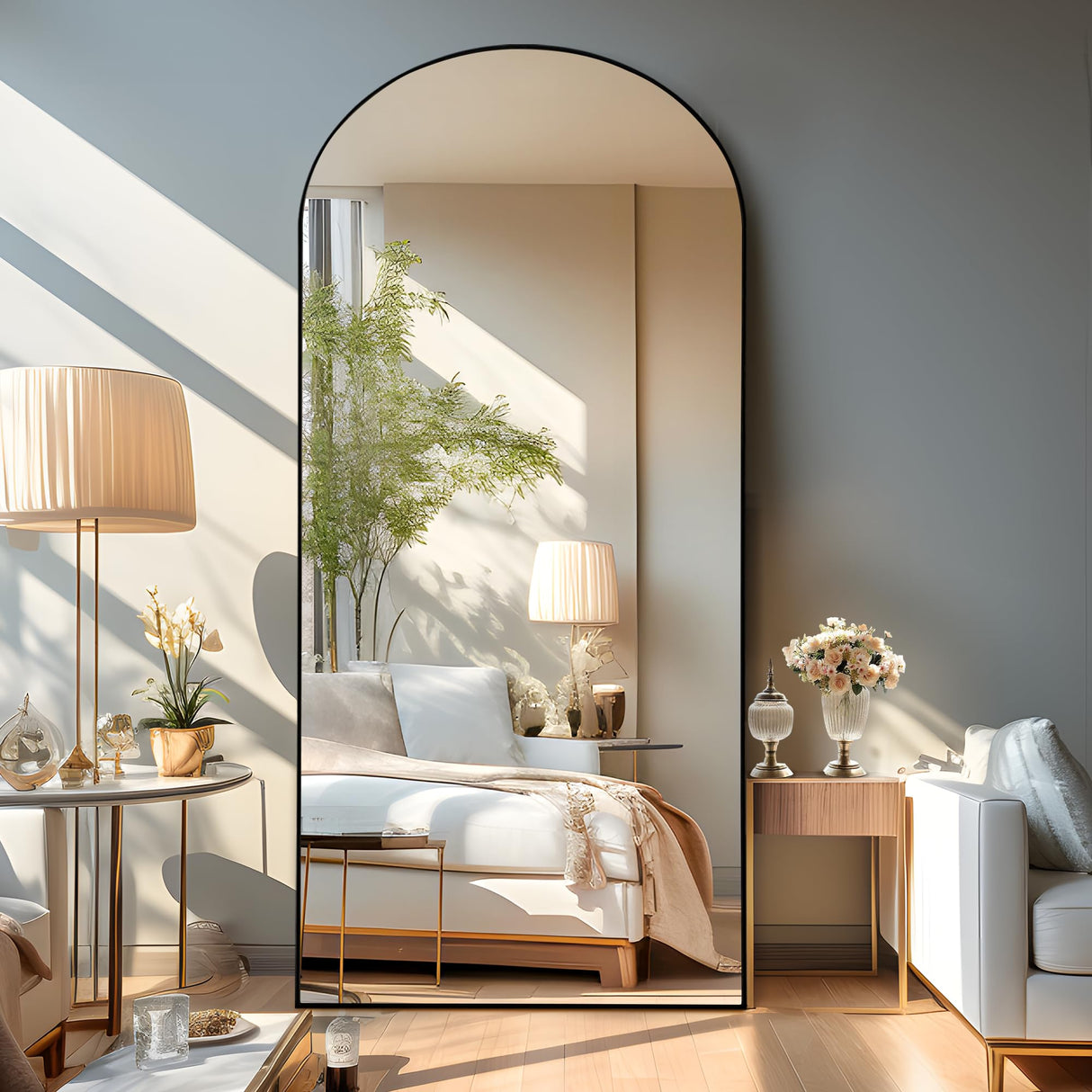 Oversized Full-Body Mirror, Large Arched Full Length Mirror with Stand, 76"x35" Aluminum