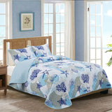 Coastal Quilt Set Queen Size, Blue Ocean Beach Themed Bedding Set Coral