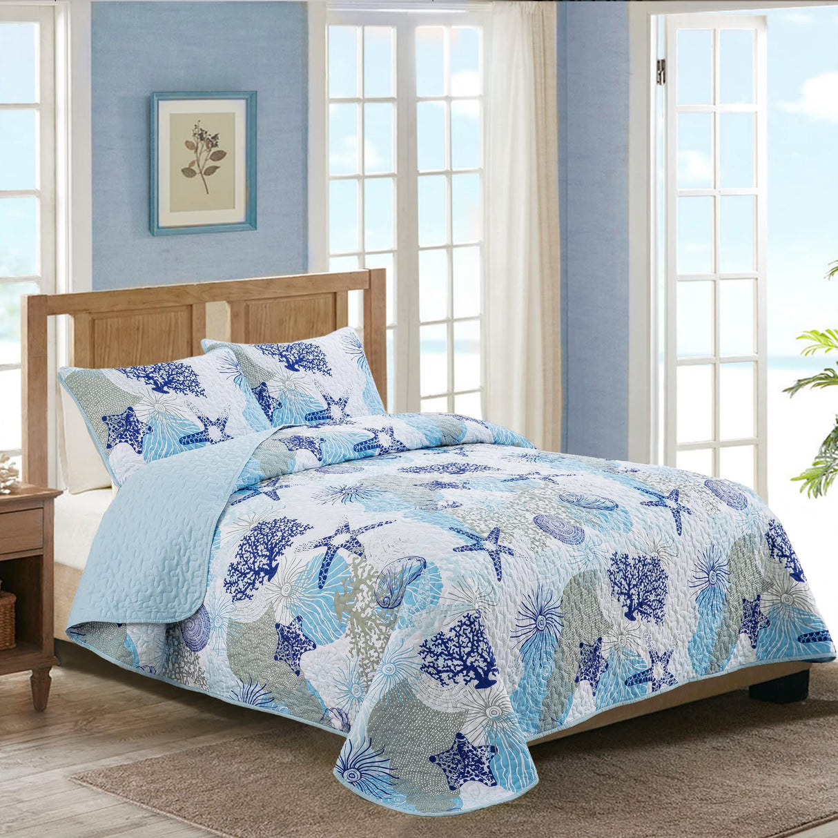Coastal Quilt Set King Size, Blue Ocean Beach Themed Bedding Set Coral Seashell Conch
