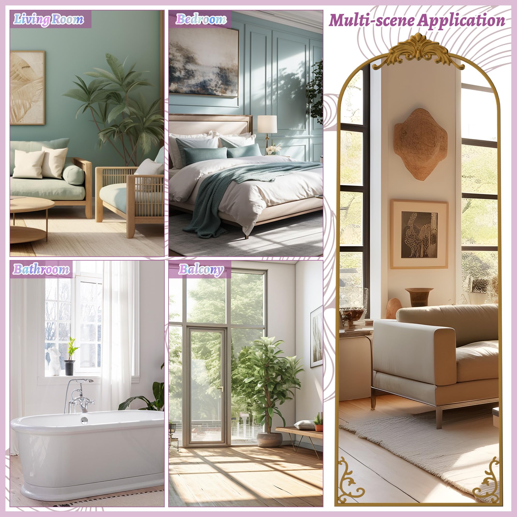 Arched Full Length Floor Mirror 64x21 - Vintage Gold Carved Frame