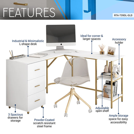 L Shaped Desk - Two-Toned Computer Desk with Drawers & Storage Shelves