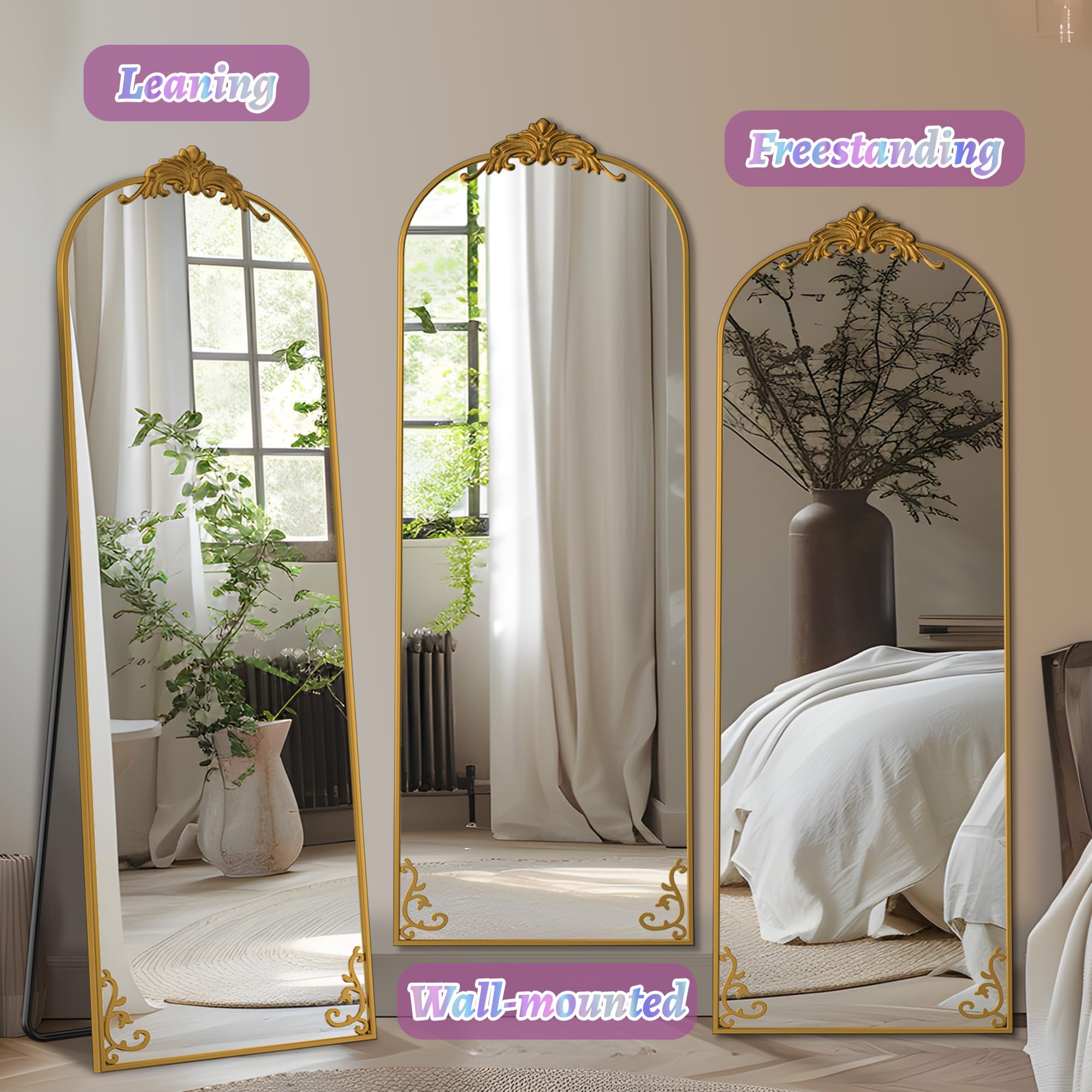 Arched Full Length Floor Mirror 64x21 - Vintage Gold Carved Frame