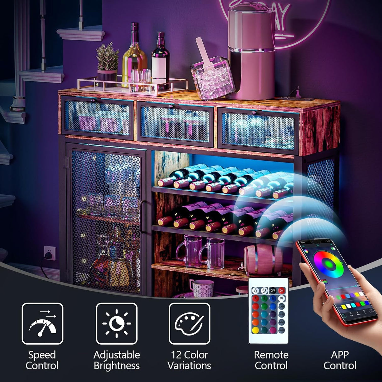 Bar Cabinet with RGB LED Lights,Wine Bar Cabinet with 3 Drawers, Home Bar Cabinet