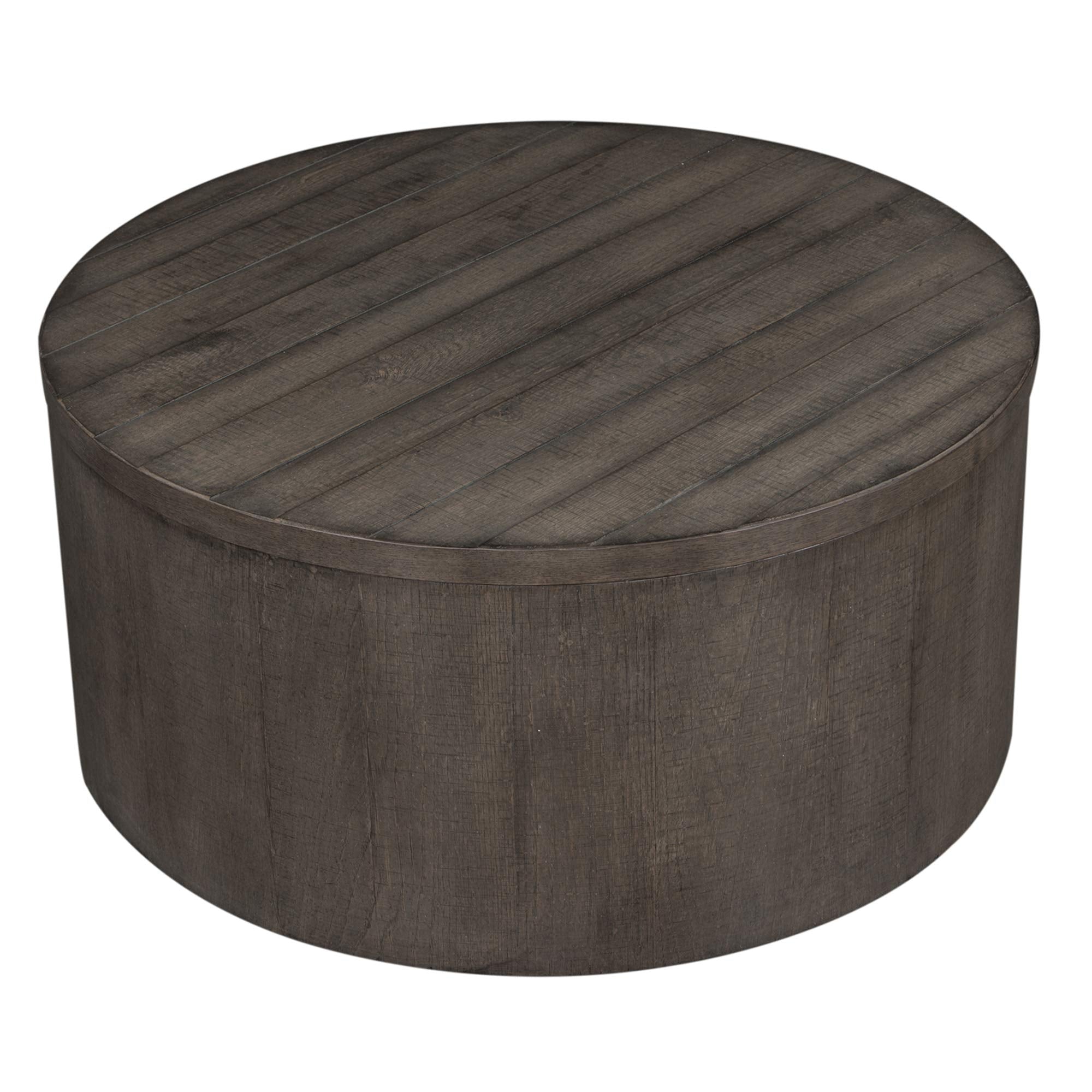 Modern Farmhouse Drum Cocktail Table, W38 x D38 x H18, Dark Gray