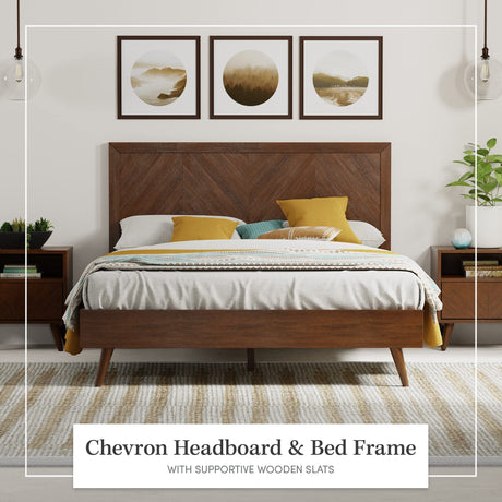 Mahogany Wood Platform Bed Frame with Headboard | King, Walnut