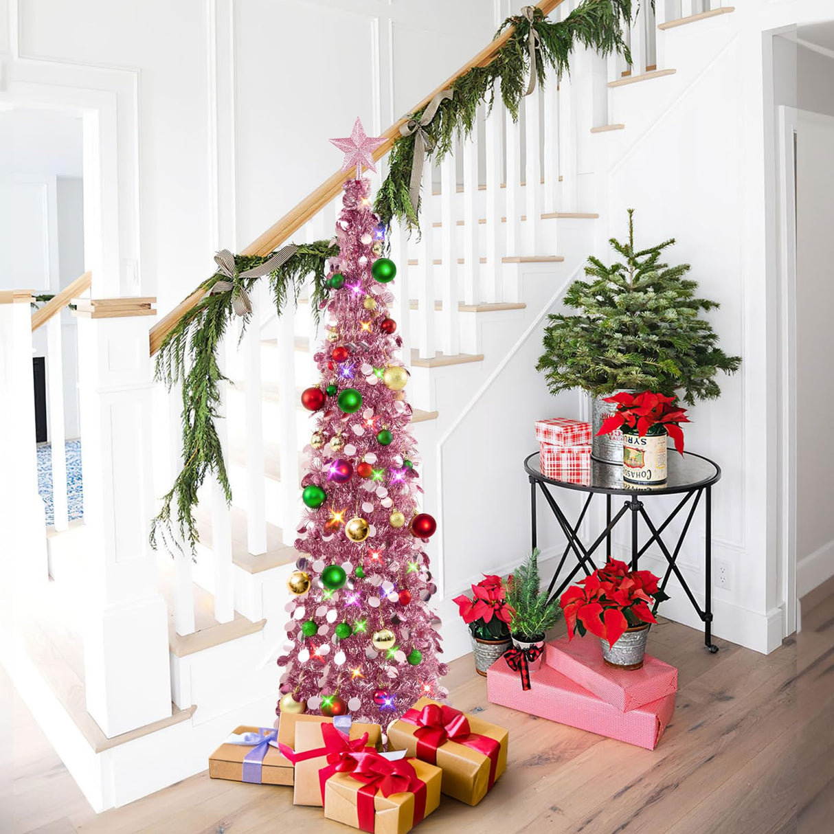 Pop Up Christmas Tree with Lights & 30 Balls, 5Ft Collapsible Rose Gold Tinsel Christmas