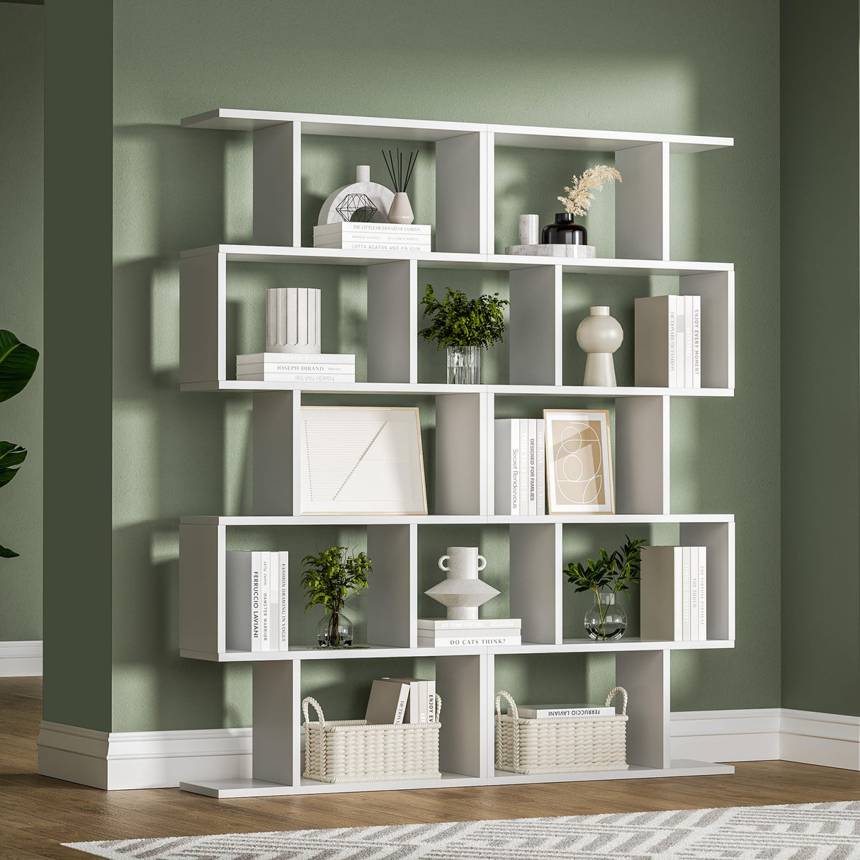 White 5-Tier Geometric Bookcase, S-Shaped Modern Bookshelf Set of 2, 62.6" Tall Room