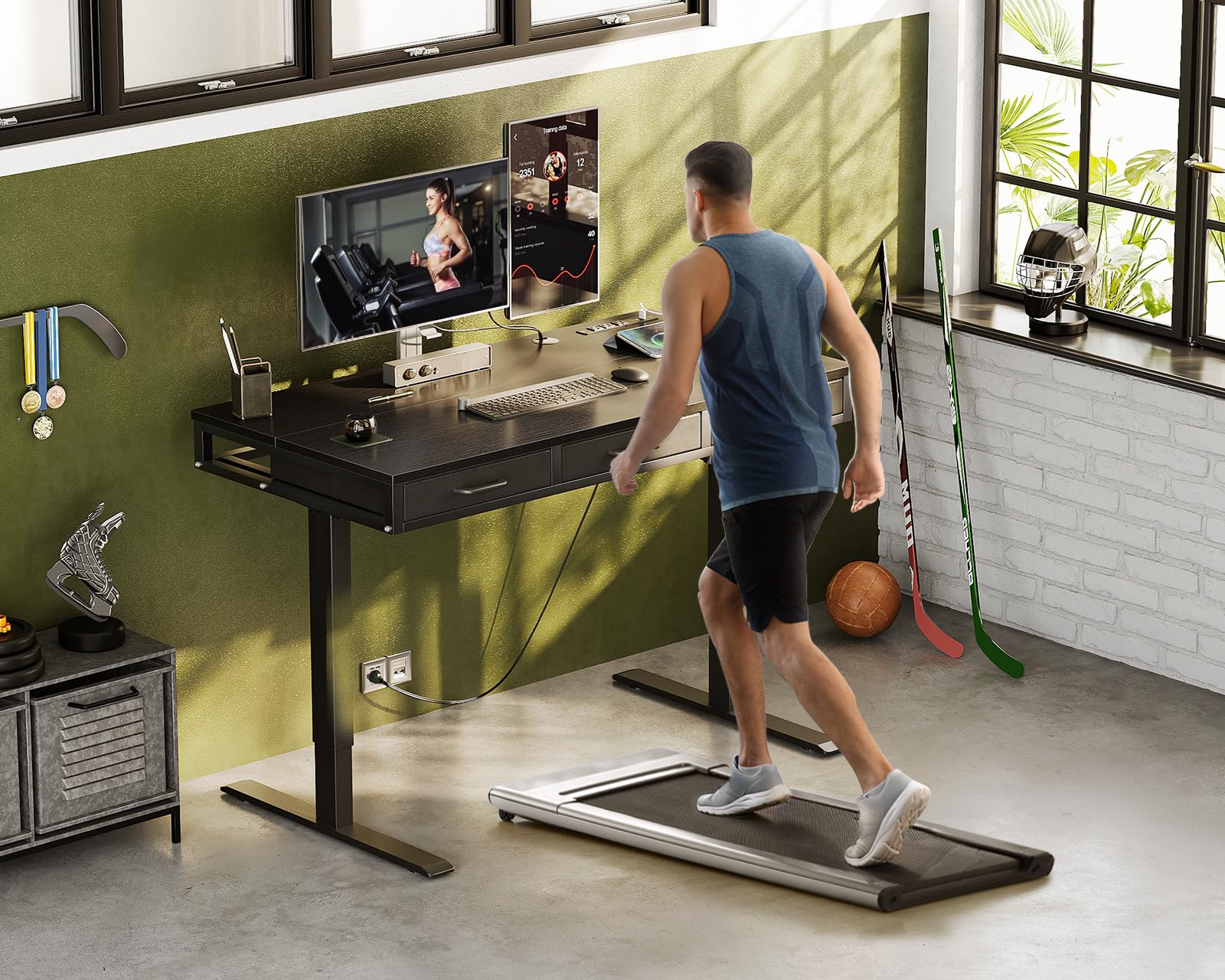 Electric Standing Desk with Drawers, Height Adjustable Desk with Power Outlets & LED Lights