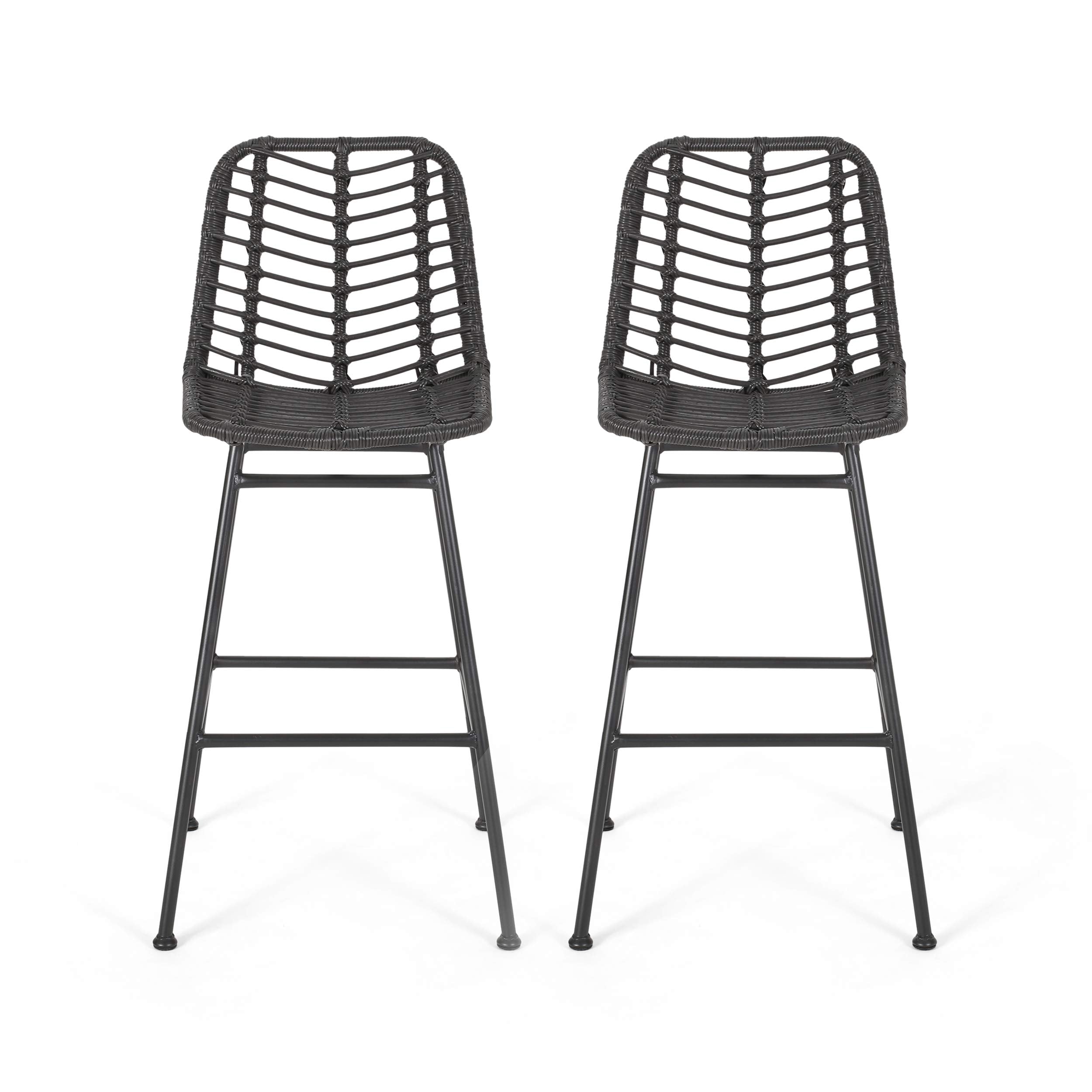 Rattan Bar Stools Set of 2, Outdoor Wicker Barstools, Hand Woven PE Rattan