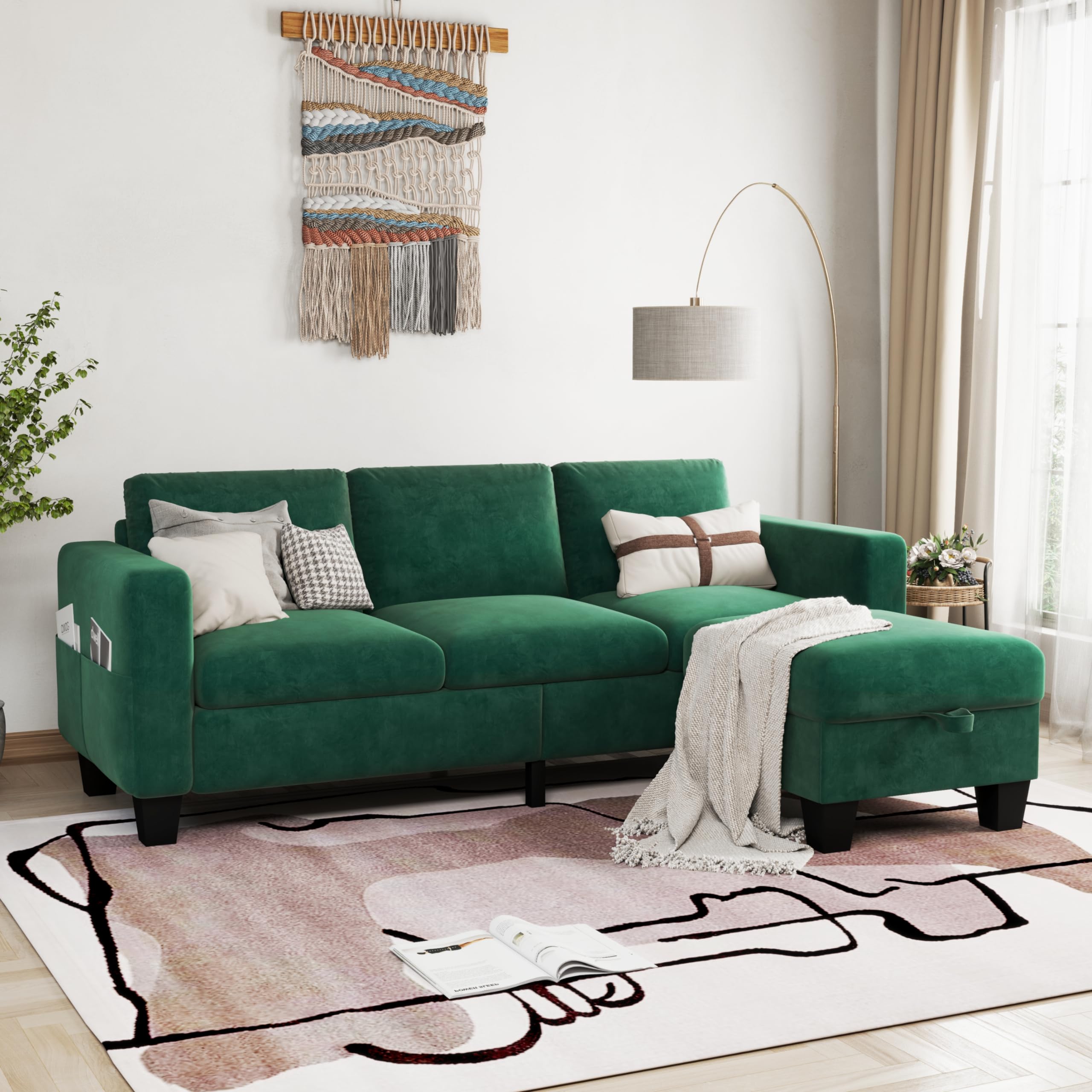 78'' Convertible Sectional Sofa Couch, Green 3 Seat L-Shaped Couch