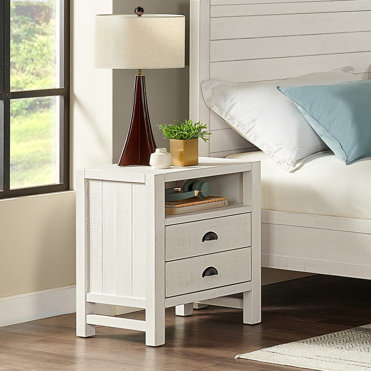 Arden 2-Drawer Nightstand, Solid Pine Wood, Driftwood White Finish, Rustic Design