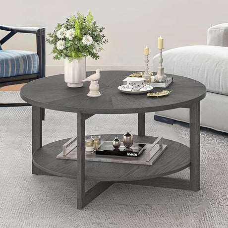 Round Coffee Table, 35" Rustic Modern Circle Coffee Tables with 2-Tier Storage Shelf