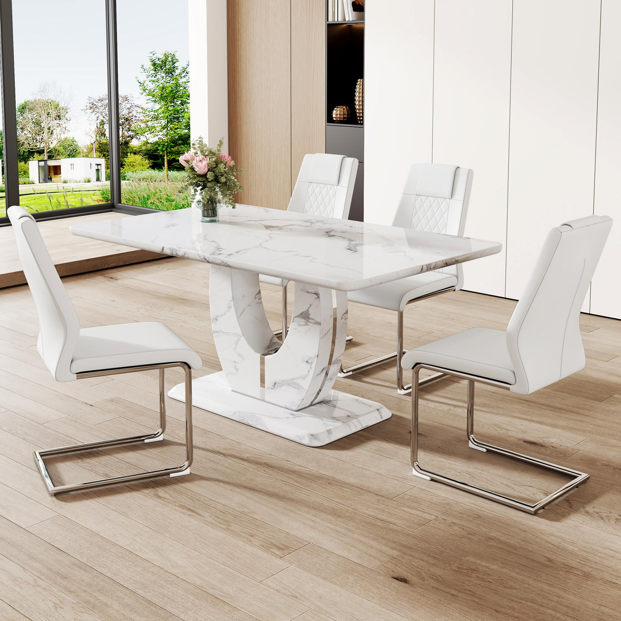 Modern White Marble Dining Table Set for 4,5 Piece Rectangle Dining Room Table Set