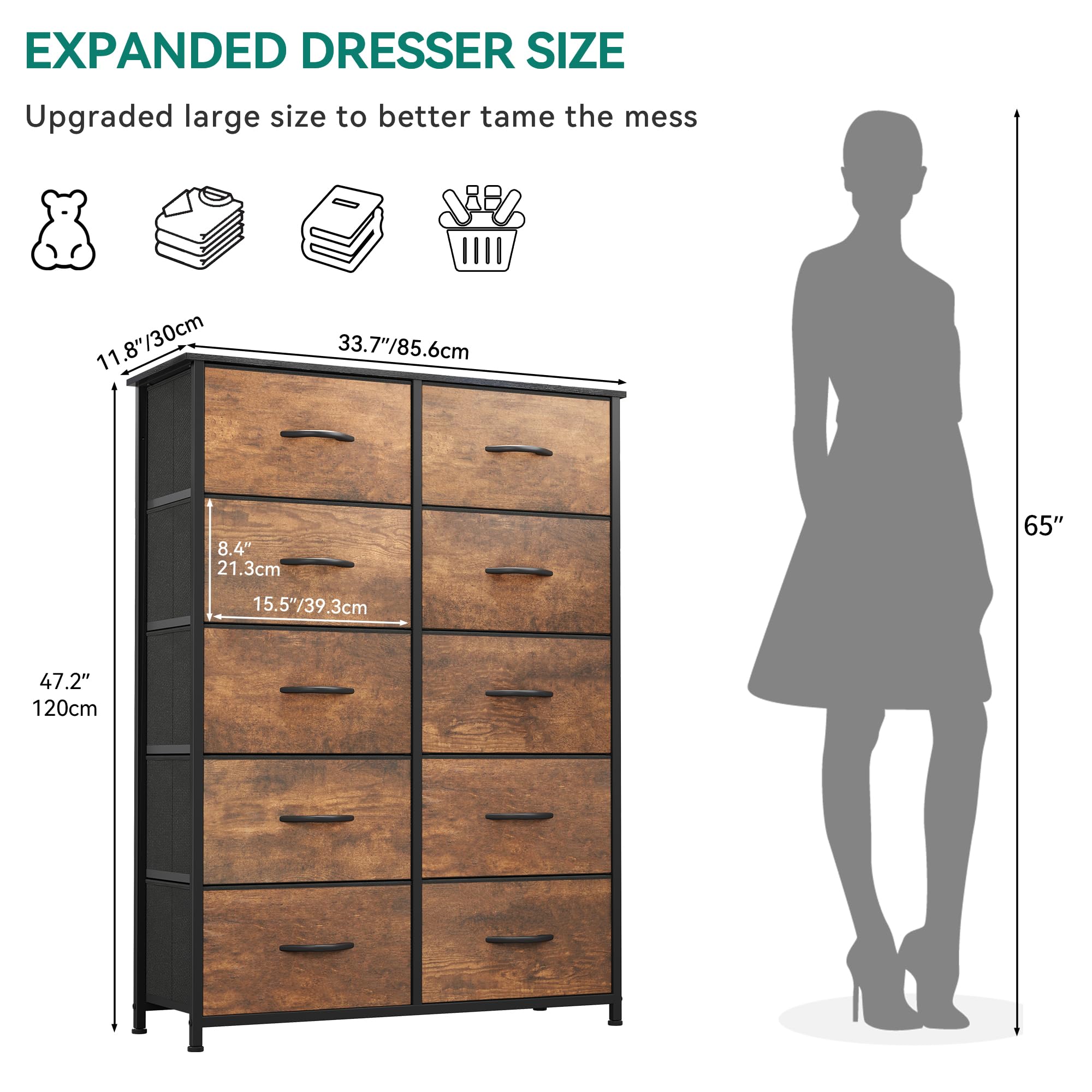10 Drawer Dresser - Fabric Storage Tower, Organizer Unit for Bedroom, Living Room,