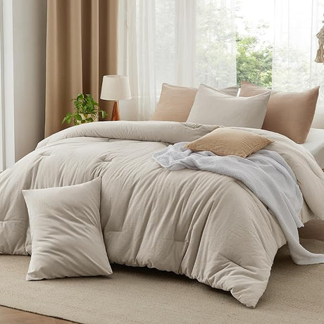 Comforter Set Queen Size Taupe - Cotton Fabric with Microfiber Inner Fill, Queen Comforter Set for All Seasons, 3 Pieces, 1 Comforter (90"x90") and 2 Pillow Cases (20"x26")