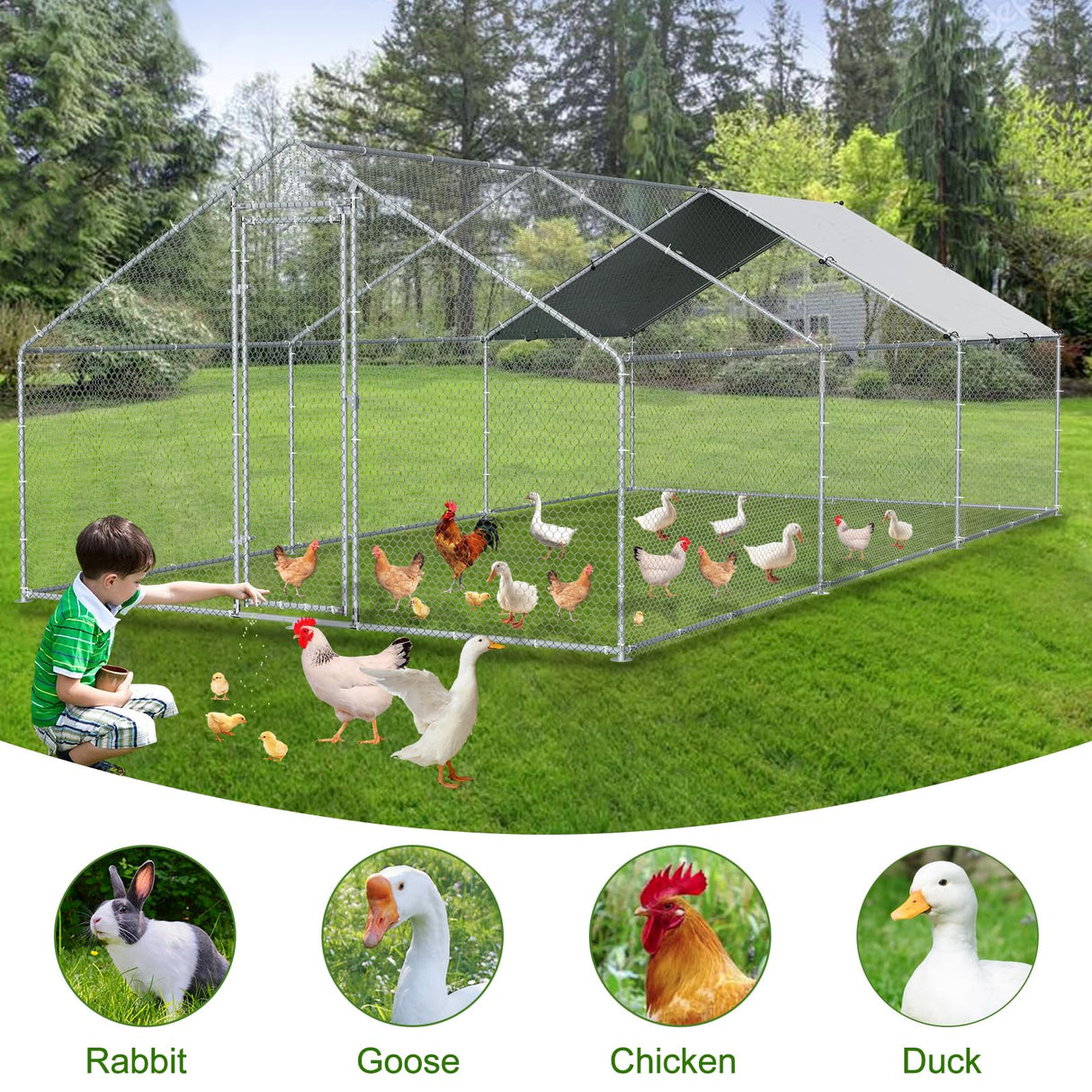 Large Metal Chicken Run with Waterproof Cover - Spacious Outdoor Poultry Cage