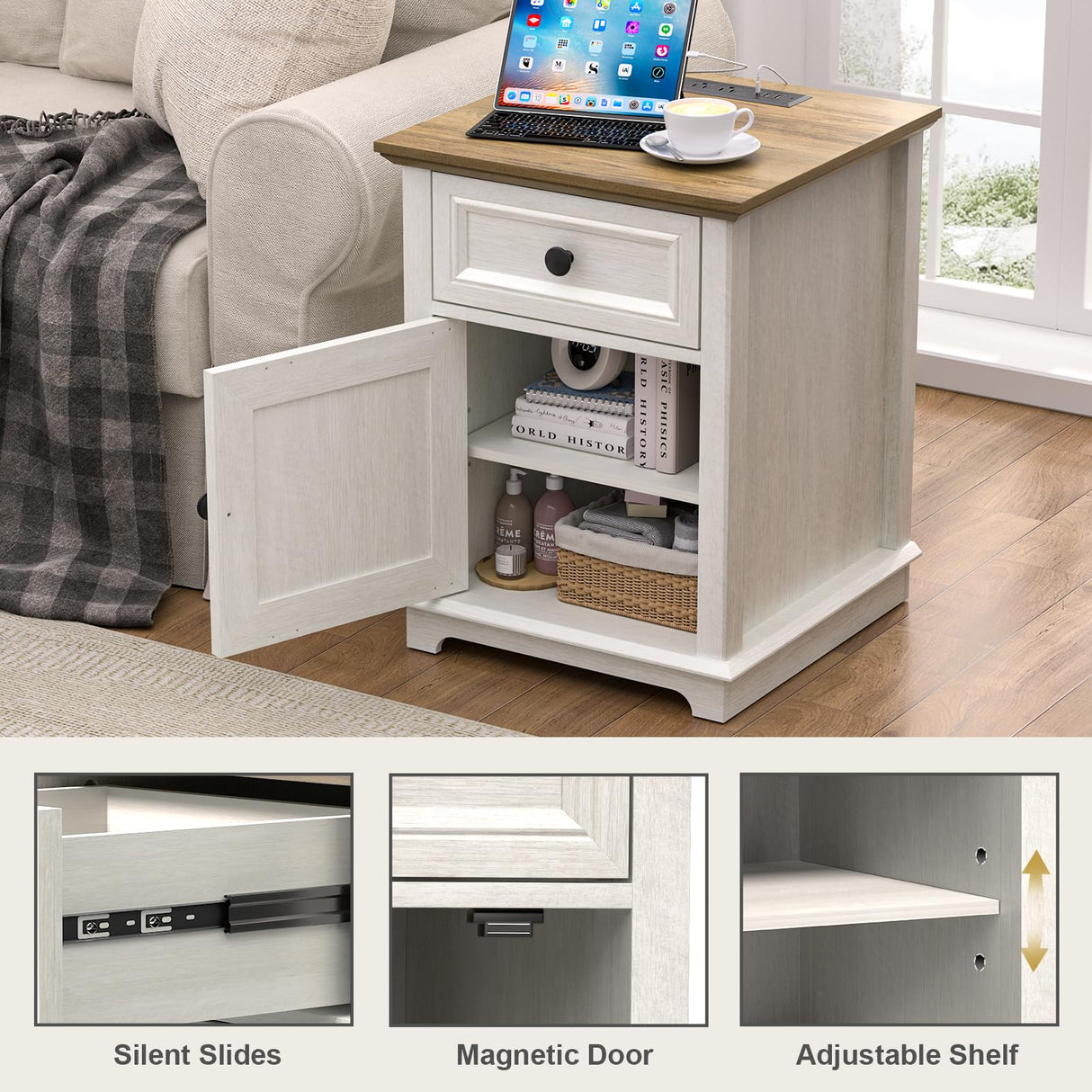 End Table with Charging Station, Fast Charge, End Table with Drawer