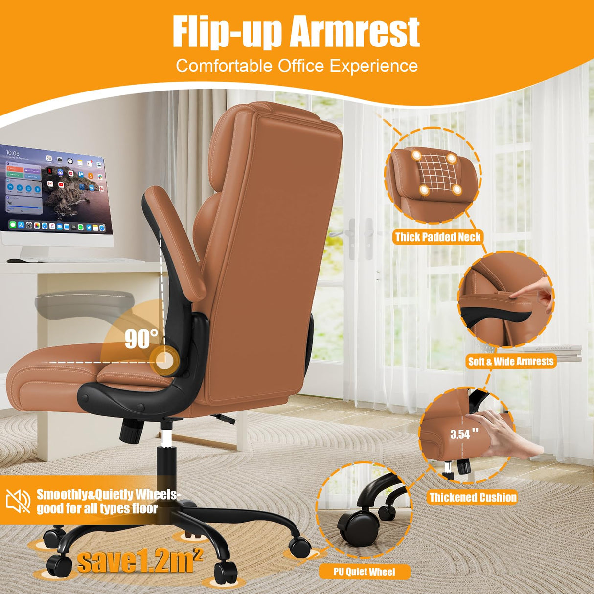 Executive Office Chair with Flip-Up Armrests - Ergonomic Mid-Back Leather Desk Chair