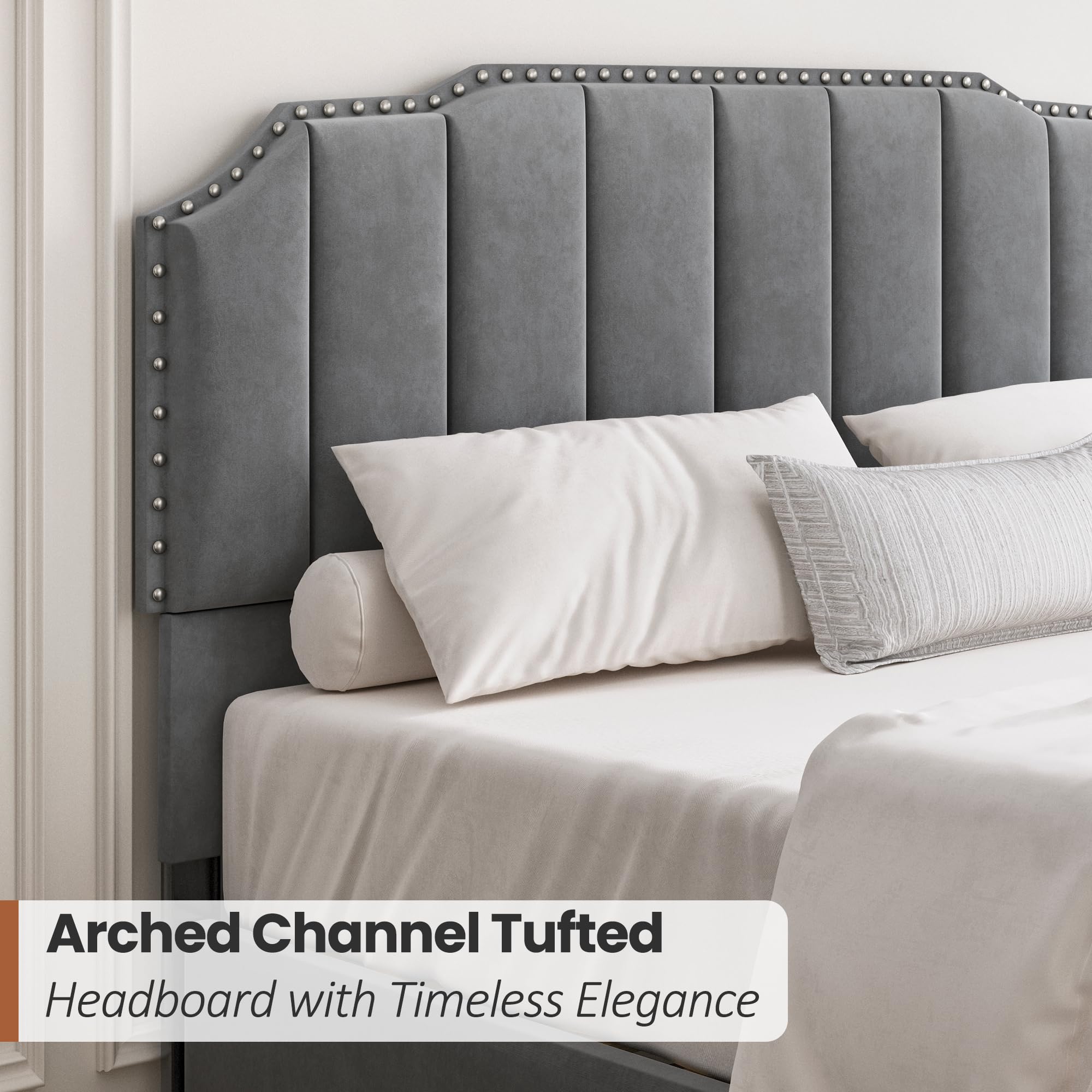 Grey Queen Upholstered Platform Bed Frame with Tall Tufted Headboard