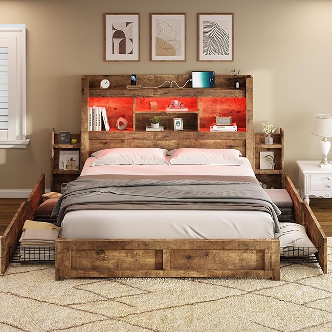 Queen Bed Frame with 4 Storage Drawer, LED Bed Frame with 49.6" Tall Bookcase