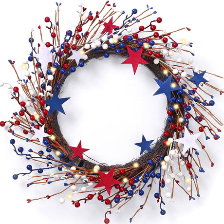 Patriotic Wreath, 20 Inch 4th of July Wreath for Front Door with Lights