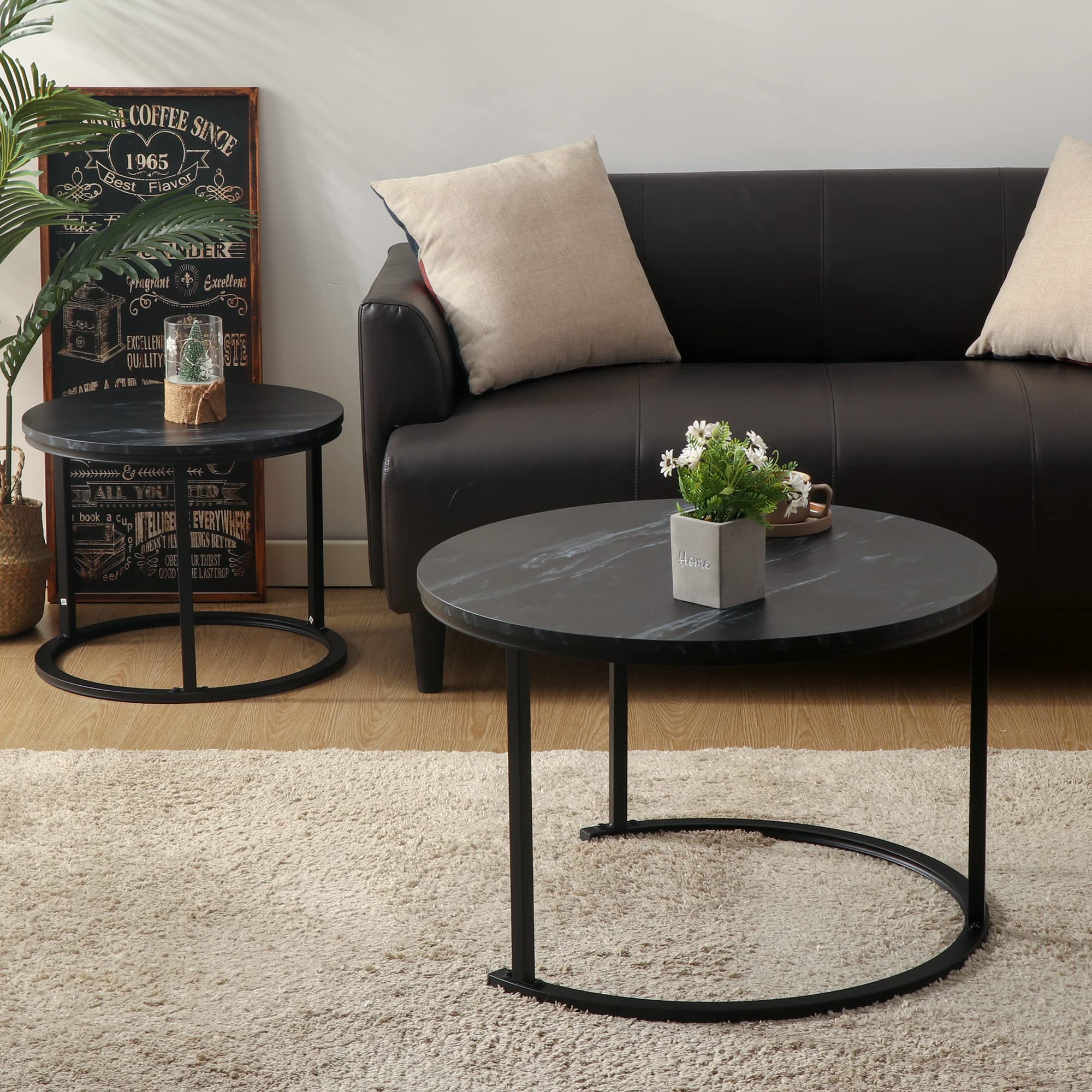Round Modern Nesting Coffee Table Set of 2,Waterproof Faux Marble Wood Top