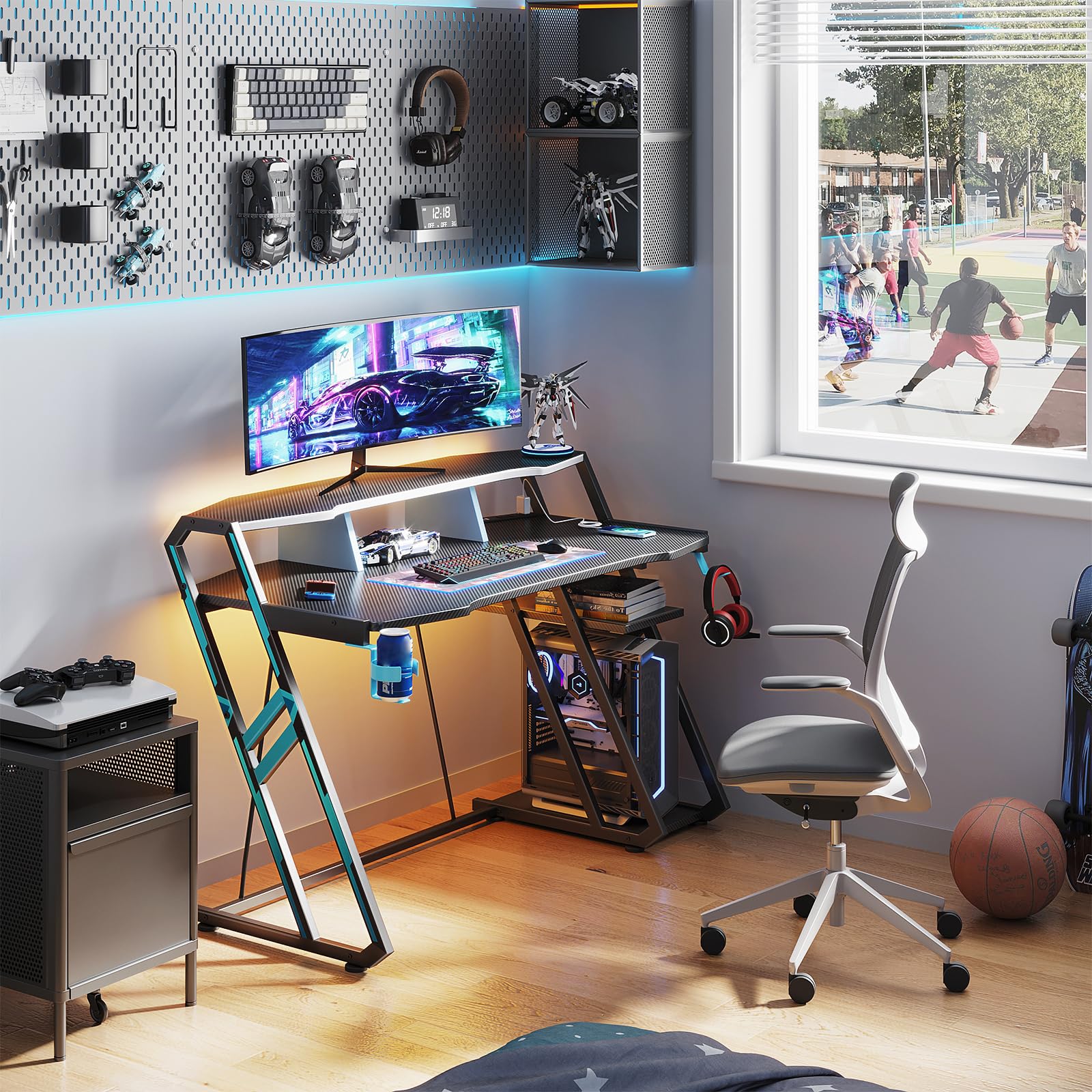 Gaming Desk with Power Outlet & LED Lights, Gaming Computer Desk 47inch with PC