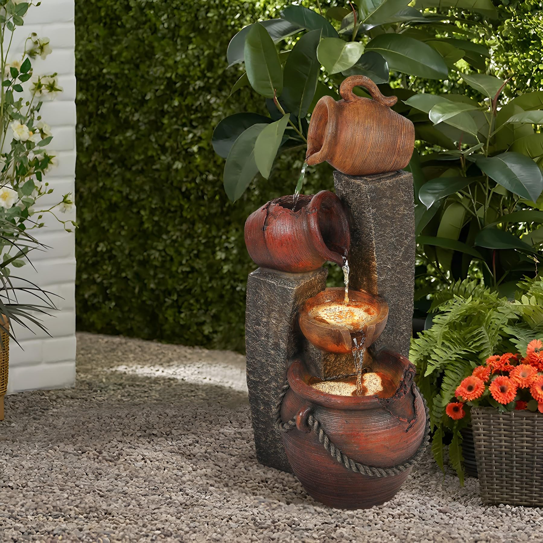 Outdoor Water Fountain, 32 Inch Farmhouse Water Fountain Outdoor with Lights