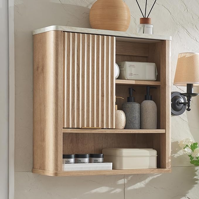 Bathroom Wall Cabinet w/Fluted Sliding Door, Modern Medicine Cabinet w/Faux Marble