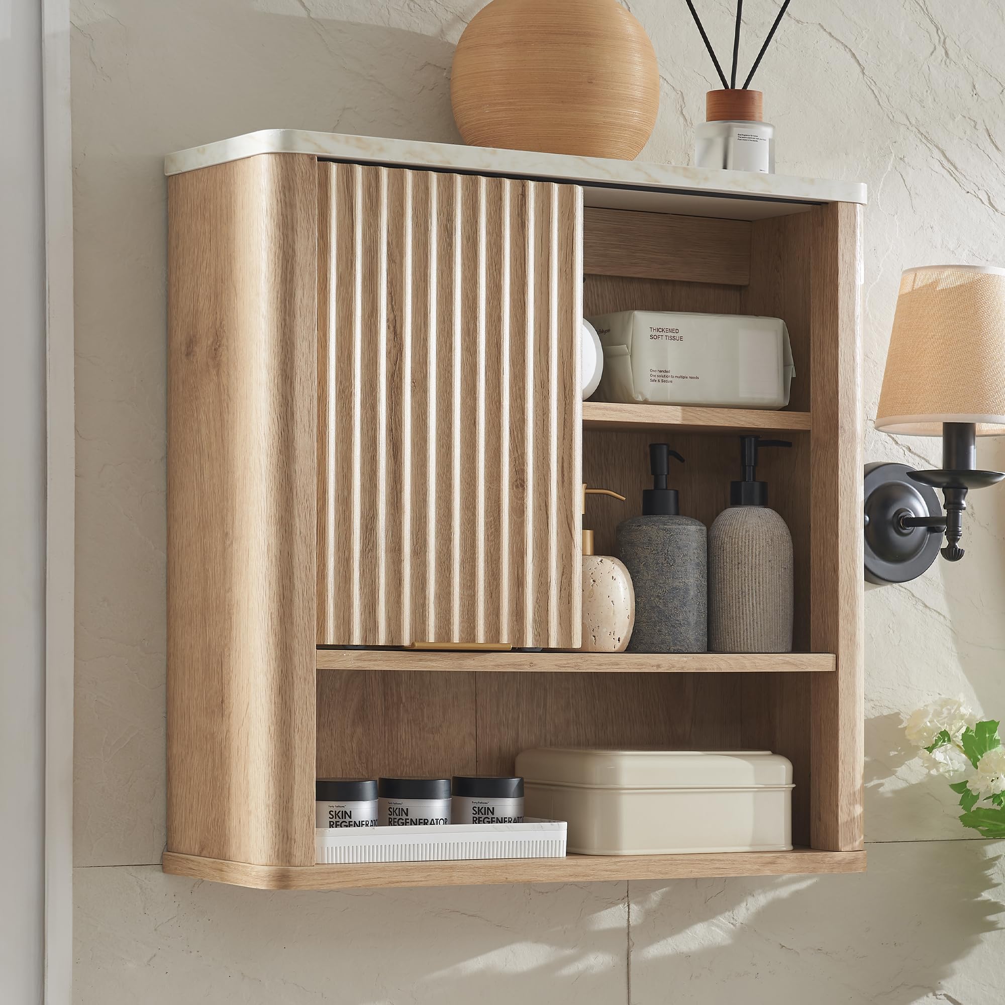 Bathroom Wall Cabinet w/Fluted Sliding Door, Modern Medicine Cabinet w/Faux Marble