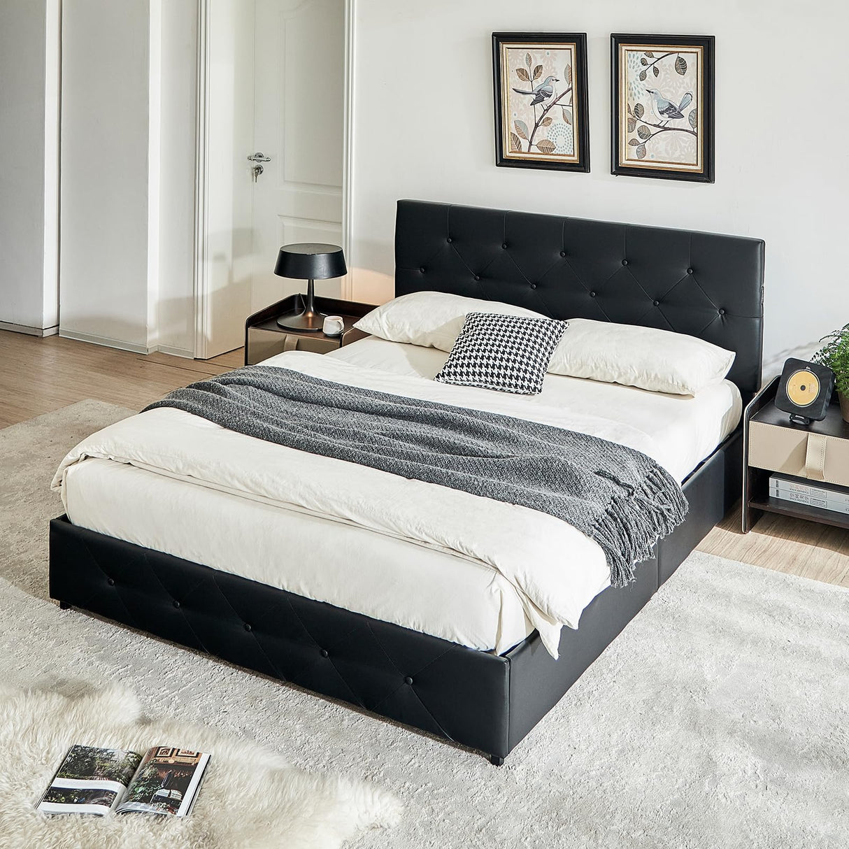 Queen Size Bed Frame with Black Leatherette Headboard, Bed Frame with 4 Storage