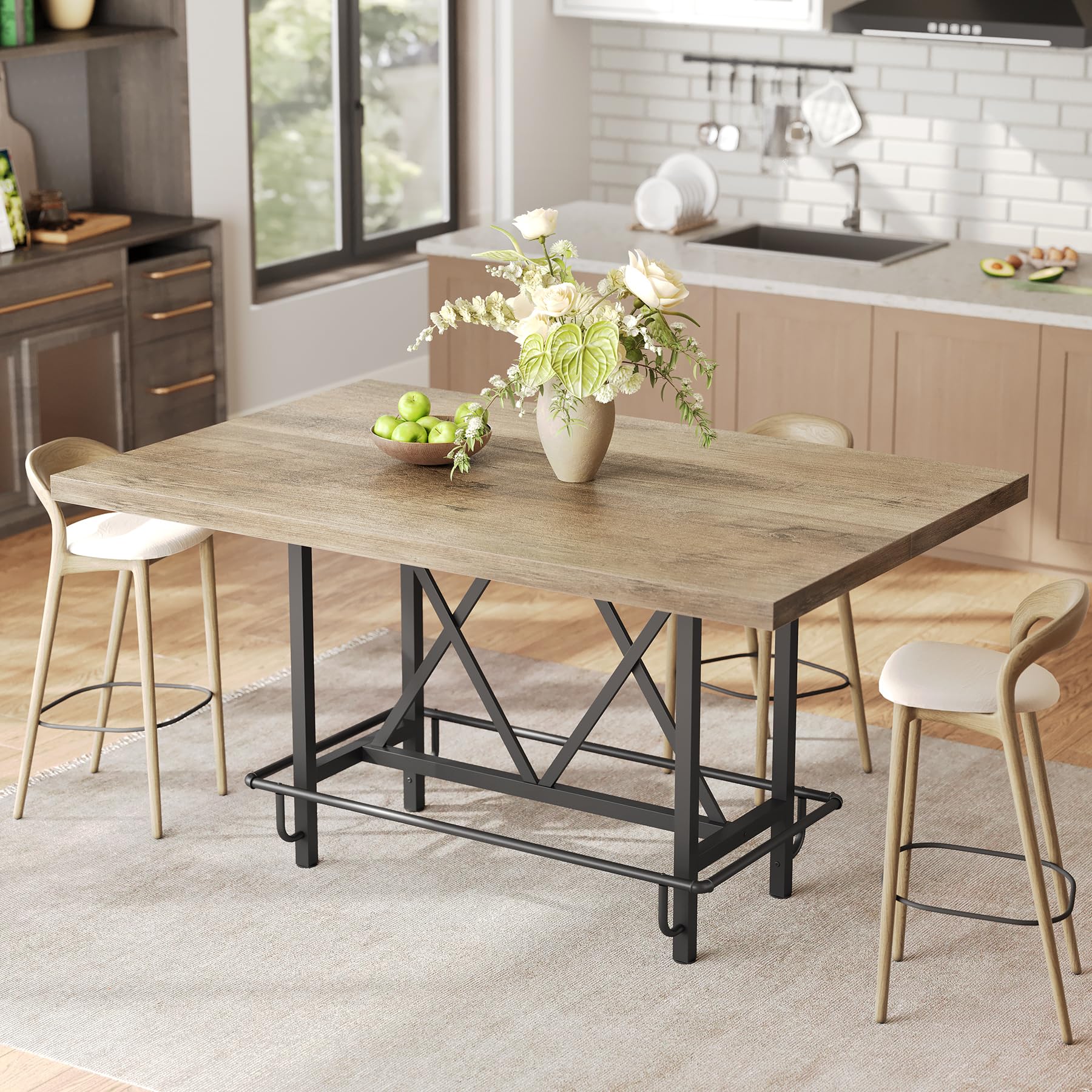 63-Inch Industrial Bar Table with Metal Footrest - Counter Height Pub Table