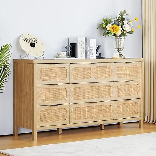 6 Drawer Dresser for Bedroom, Rattan Dresser Drawer Organizer with