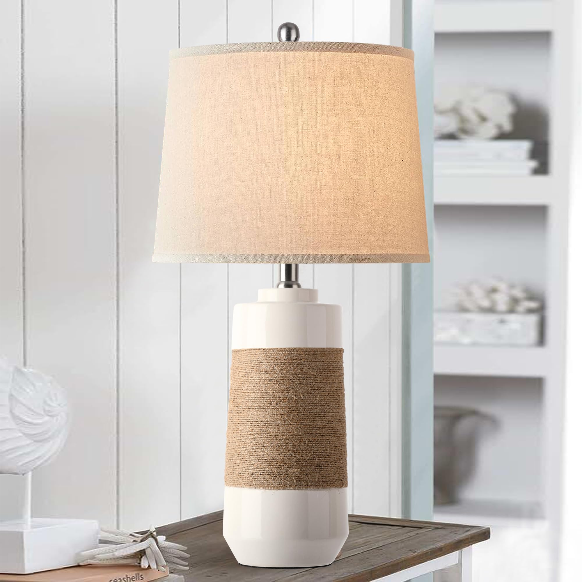 White Boho Ceramic Table Lamps Set of 2 with Rope Accent