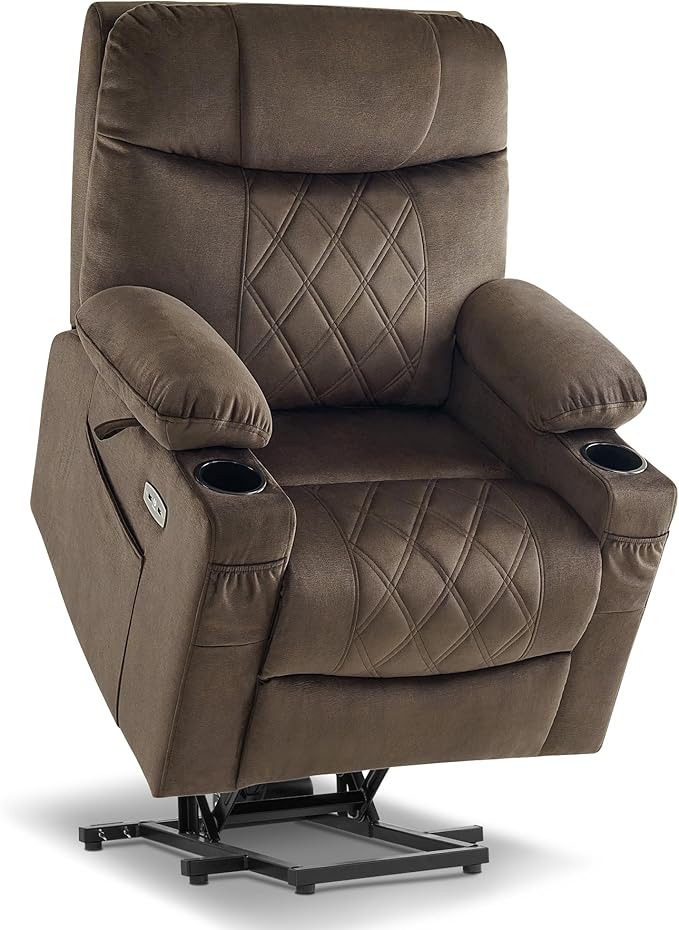 Lay Flat Dual Motor Power Lift Recliner Chair Sofa with Massage and Dual Heating, Adjustable Headrest for Elderly People Petite, USB Ports, Extended Footrest, Fabric 7222 (Beige)