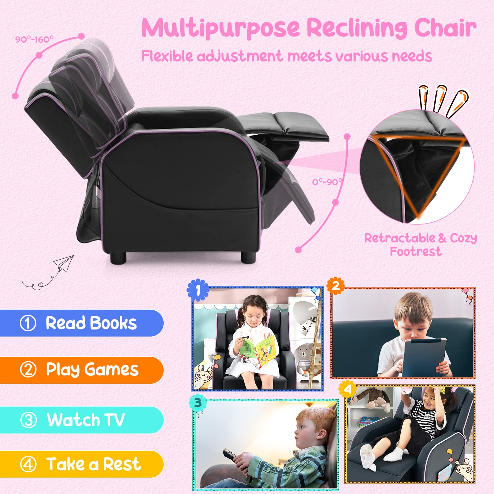 Kids Recliner, Gaming Recliner Chair w/Side Pockets, Footrest